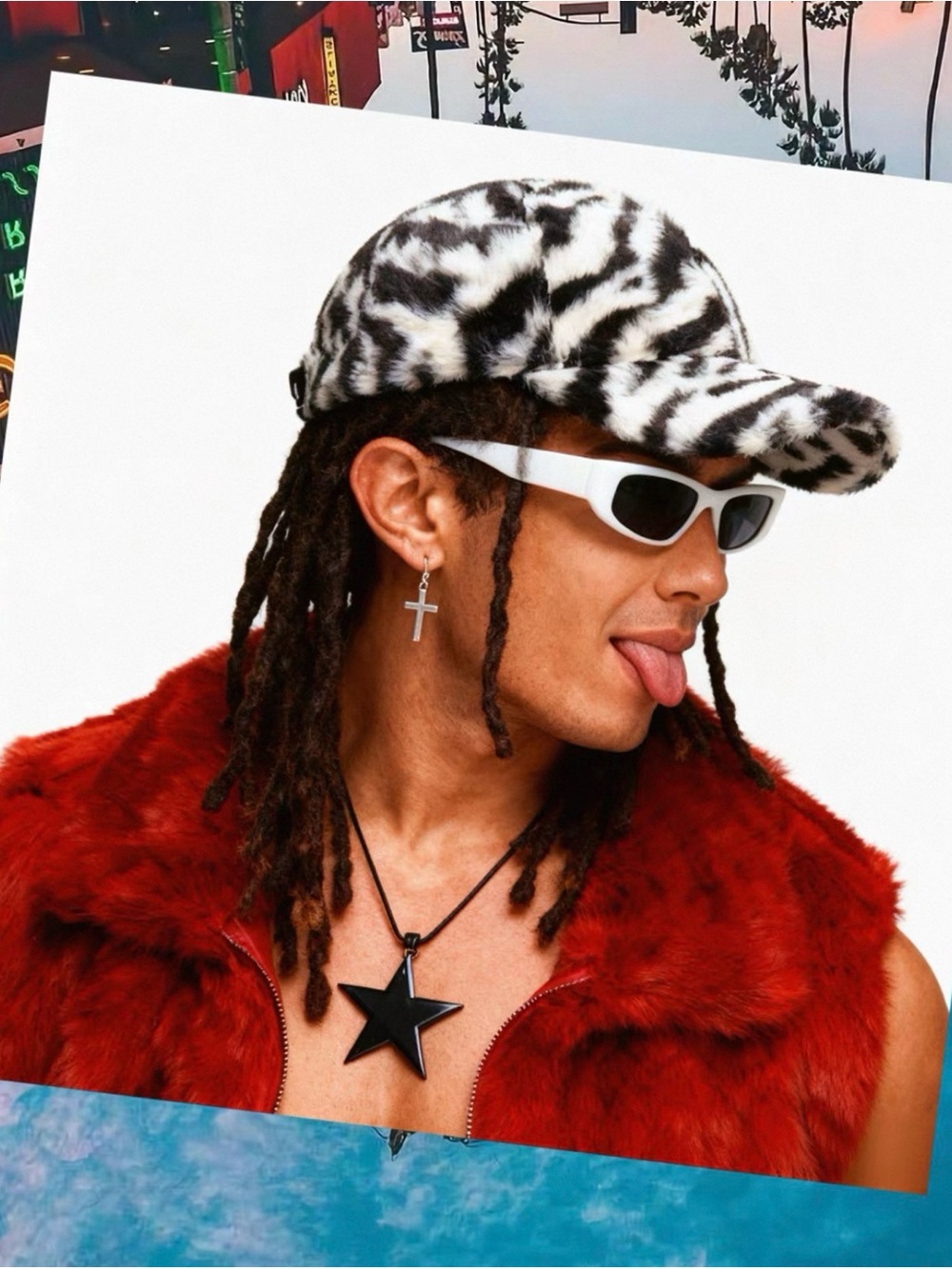 Faux Fur Zebra Print Cap - Black & White